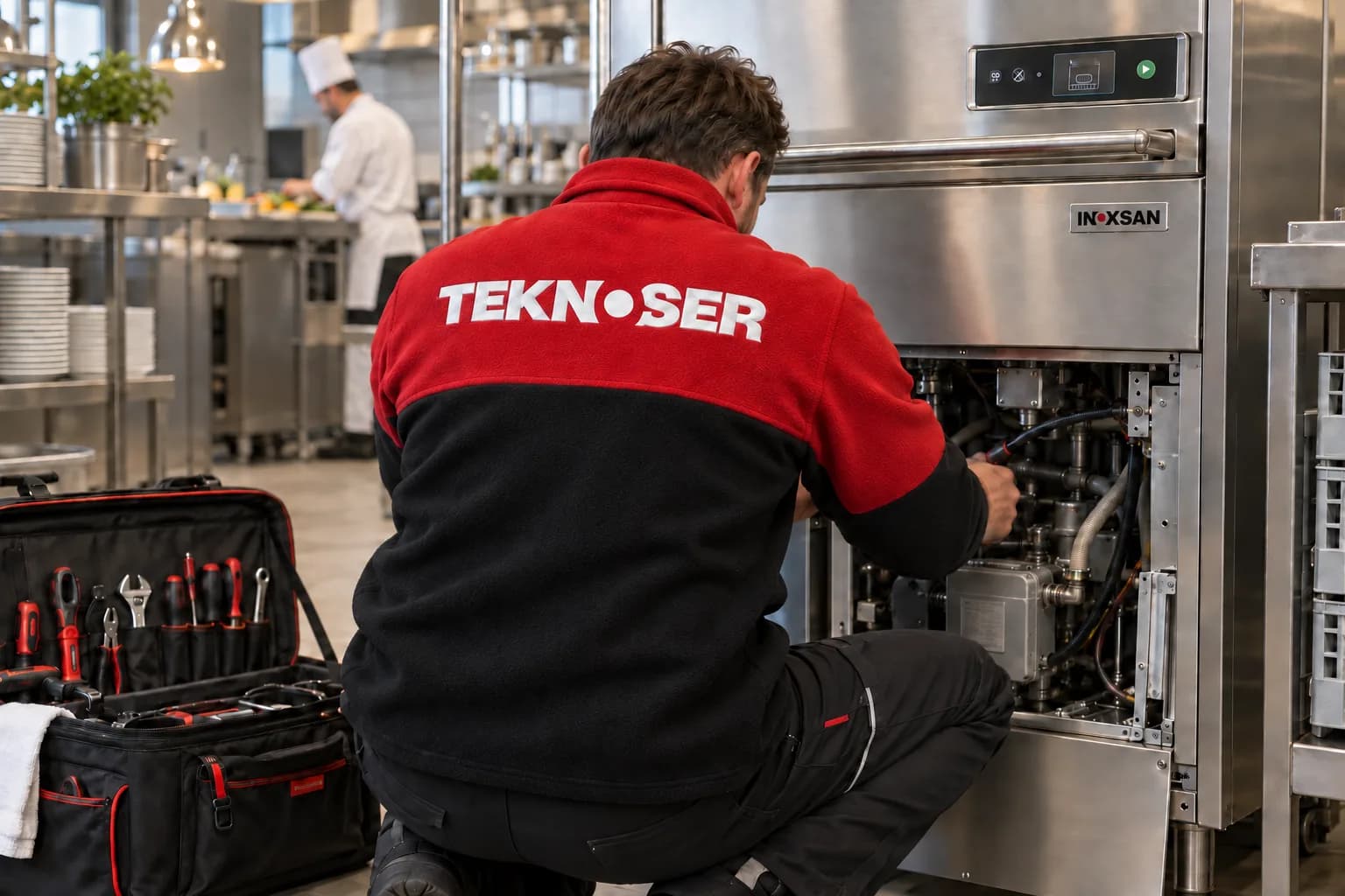 Teknoser teknisyeni profesyonel mutfak cihazına servis veriyor